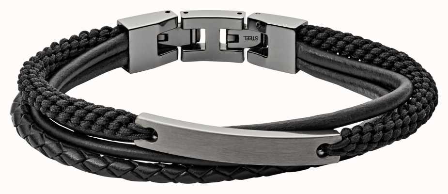 Fossil Men's Black Leather Gunmetal Stainless Steel Bracelet JF03185793