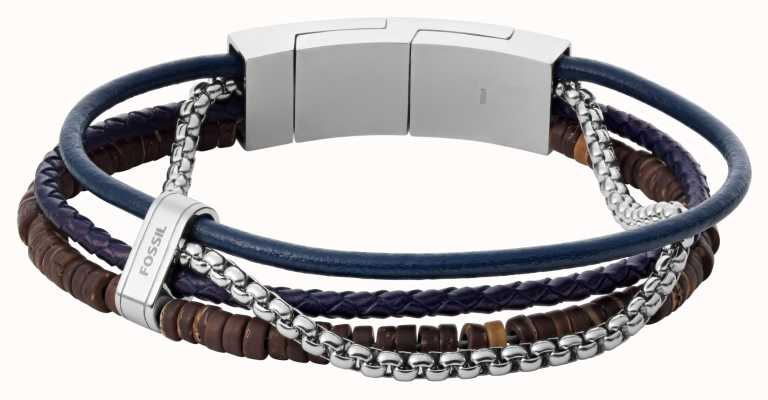 Fossil Men's Blue Leather Brown Beads Stainless Steel Bracelet JF04084040