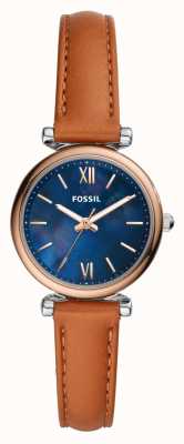 Fossil Women's Carlie Mini | Blue Mother-of-Pearl Dial | Brown Leather Strap ES4701