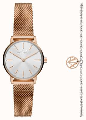 Armani Exchange Women's Watch and Bracelet Giftset | Silver Dial | Rose Gold Steel Mesh Bracelet AX7121