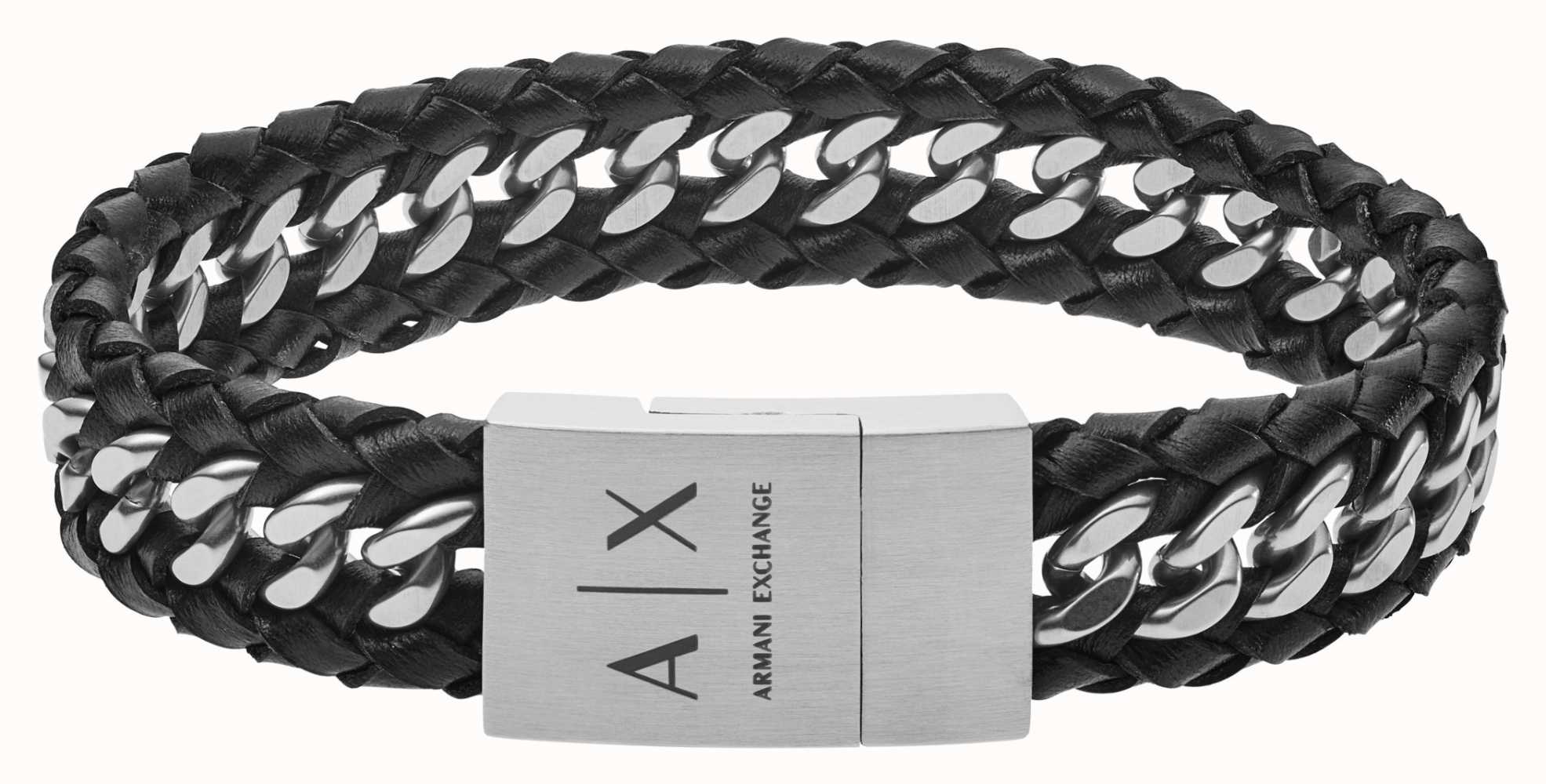 Armani Exchange Black Leather And Stainless Steel Woven Bracelet AXG0043040  - First Class Watches™ IRL