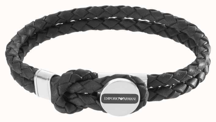 Emporio Armani Men's Black Braided Leather Stainless Steel Bracelet EGS2178040