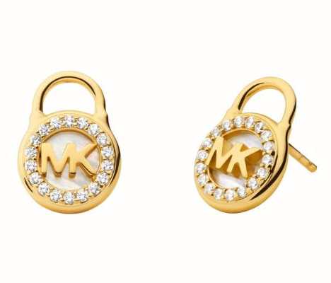 Michael Kors Lock Stud Earrings | Gold Plated Sterling Silver | Mother of Pearl |Crystal Set MKC1558AH710
