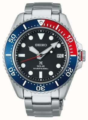 Seiko Men's Prospex Compact Solar Sapphire | Blue and Red Bezel | Black Dial | Stainless Steel Bracelet SNE591P1