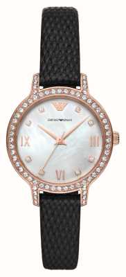 Emporio Armani Women's | Mother-of-Pearl Dial | Black Leather Strap AR11485