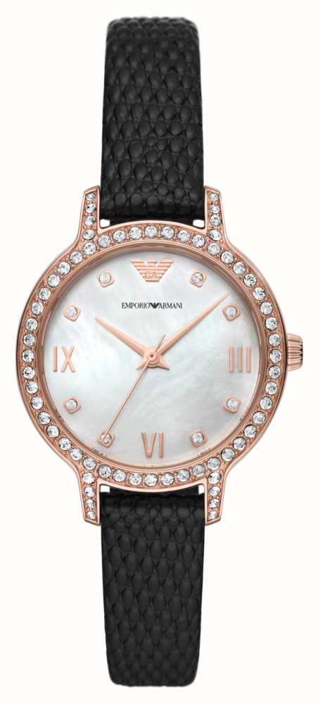 Emporio Armani Women's | Mother-of-Pearl Dial | Black Leather Strap AR11485  - First Class Watches™ IRL
