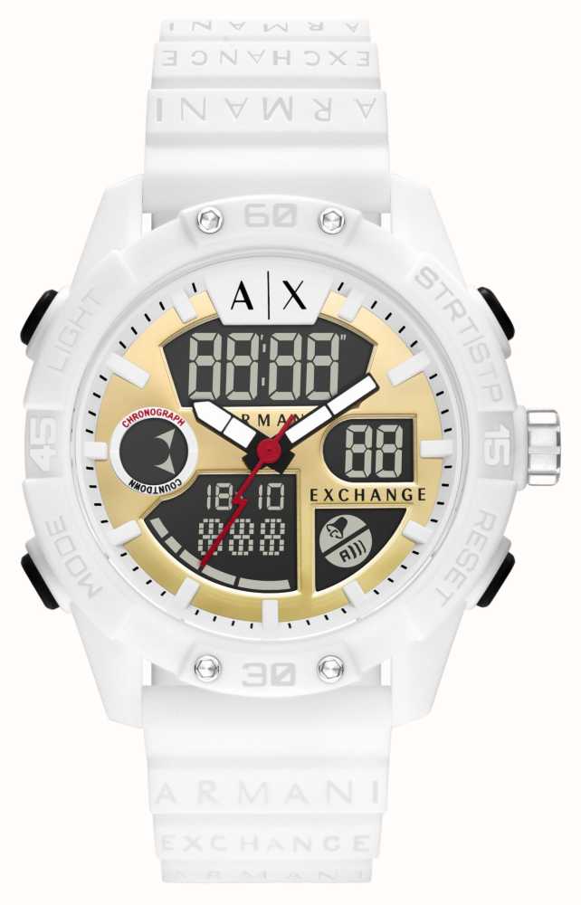 Armani Exchange Dual Display Lightning Bolt Dial | White Rubber Strap  AX2961 - First Class Watches™ IRL