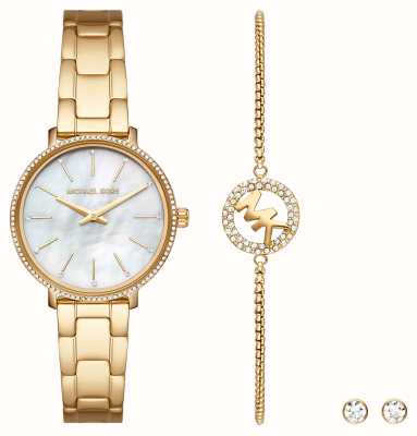 Michael Kors Pyper Mother of Pearl Gold Watch Matching Bracelet and Earrings MK1065SET