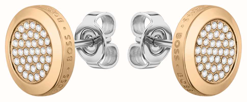 BOSS Jewellery Women's Rose Gold-Tone Crystal Set Stainless Steel Circular Stud Earrings 1580382
